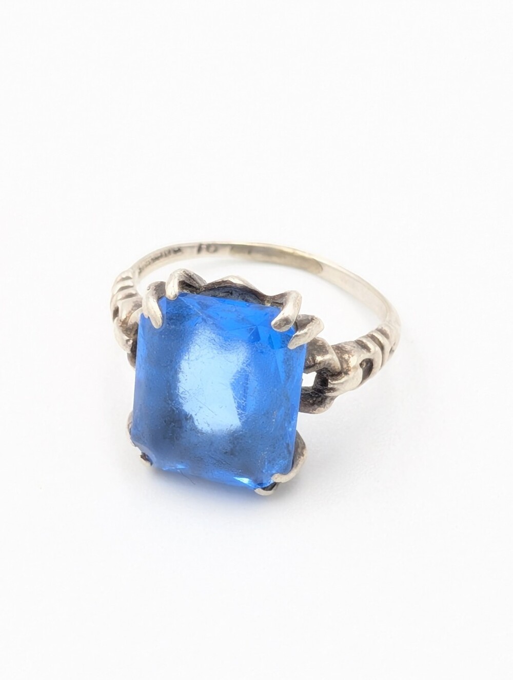 Antique Art Deco 925 sterling silver blue glass rhinestone ring - Picture 4 of 9